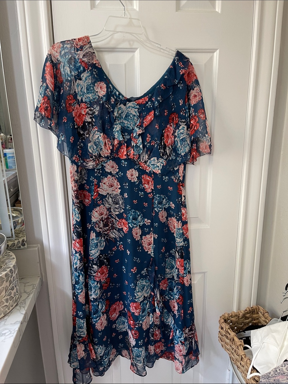 Sundance  Silk Navy Floral Ruffle Midi Dress